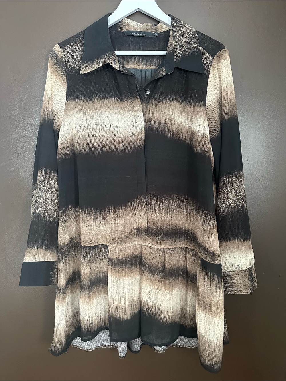 LAUREN VIDAL Earthy Boho Printed Long Sleeve Drop Waist Tunic Mini Dress XLarge